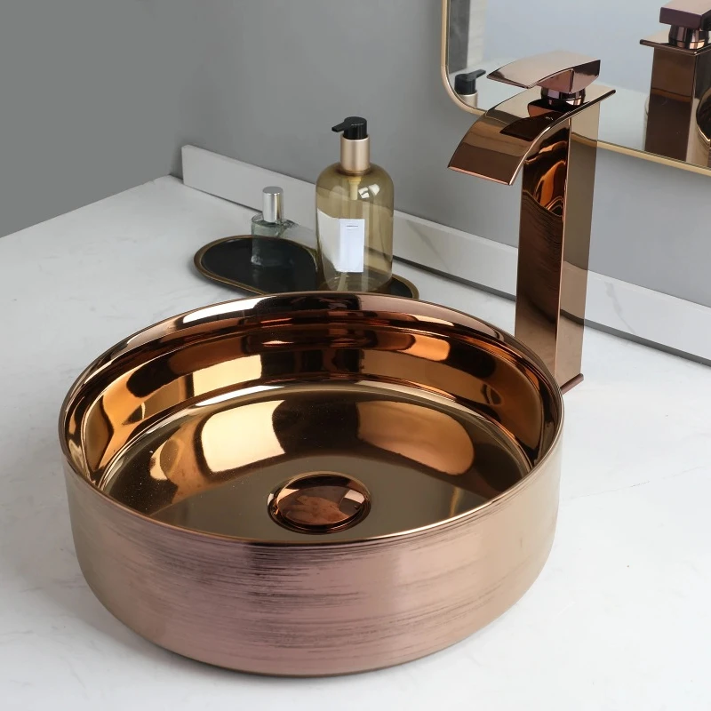 Rose Gold Vessel Sink Round Ceramic Bathroom Sinks Above Counter Washing Sink Faucet Combo Deck Basin