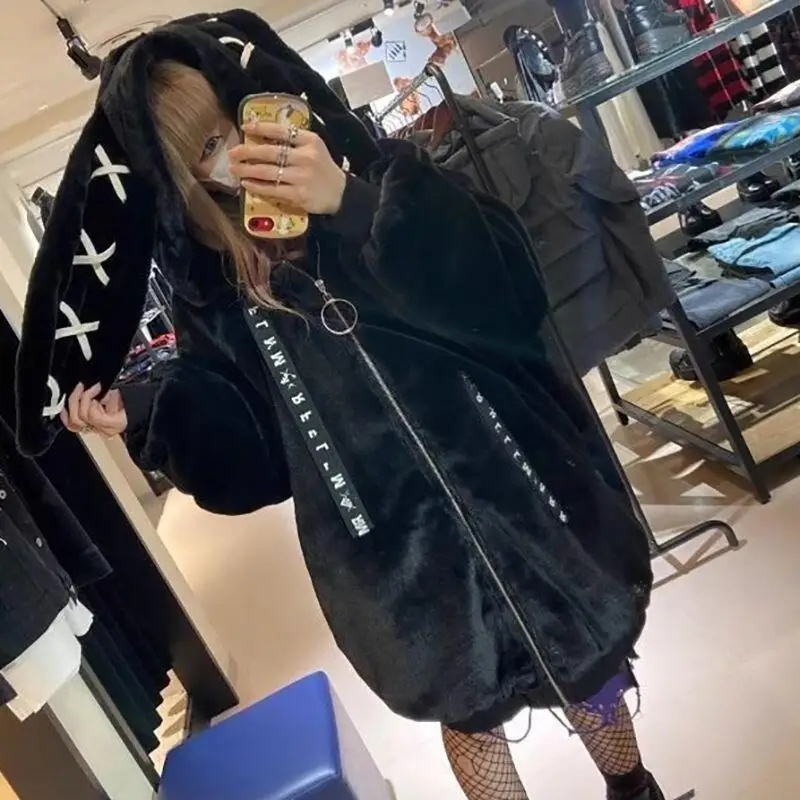 Black Faux Fur Coat for Women with Bunny Ears Autumn Winter Kawaii Girls Loose Fluffy Jacket Hoodie Coat Thickened Warmth Parkas