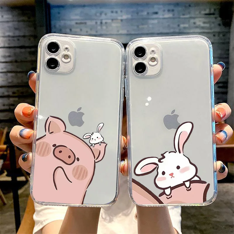 Cute Pig Rabbit Sweethearts Clear Lovers Phone Case for iPhone 14 14 12 11 Pro Max Mini XR XS Max 7 8 Plus SE Couple Cover Bags