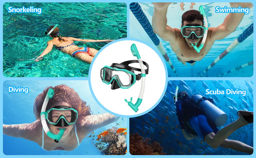 Schnorchelmasken-Set, Tauchen, Schwimmbrille, 3 Fenster, Panorama, Weitsicht, HD, Trockenoberteil, Anti-Leck, Antibeschlag, für Erwachsene und Kinder – Detail 12