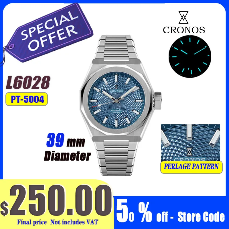 Cronos New Rhombus Perlage 39mm  Skeleton Dial PT5004 Miyota 90S5 See-through Caseback Men Automatic Wristwatches 10ATM Lumious
