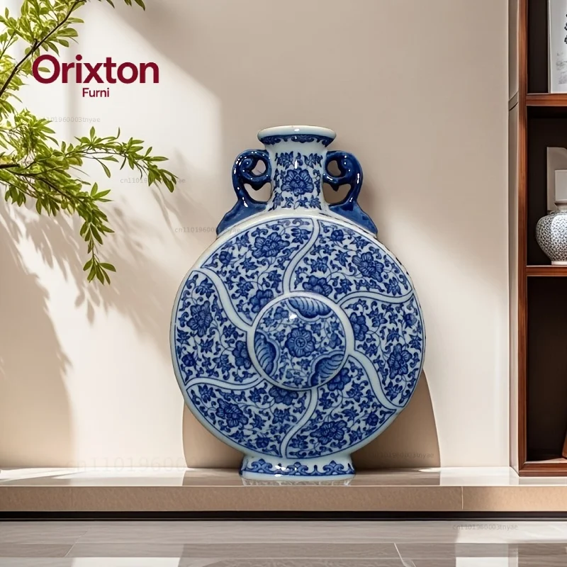 Handcrafted Porcelain Vase with Blue & White Floral Traditional Chinese Home Decor, Antique Style Double-Ear Moon Bottle