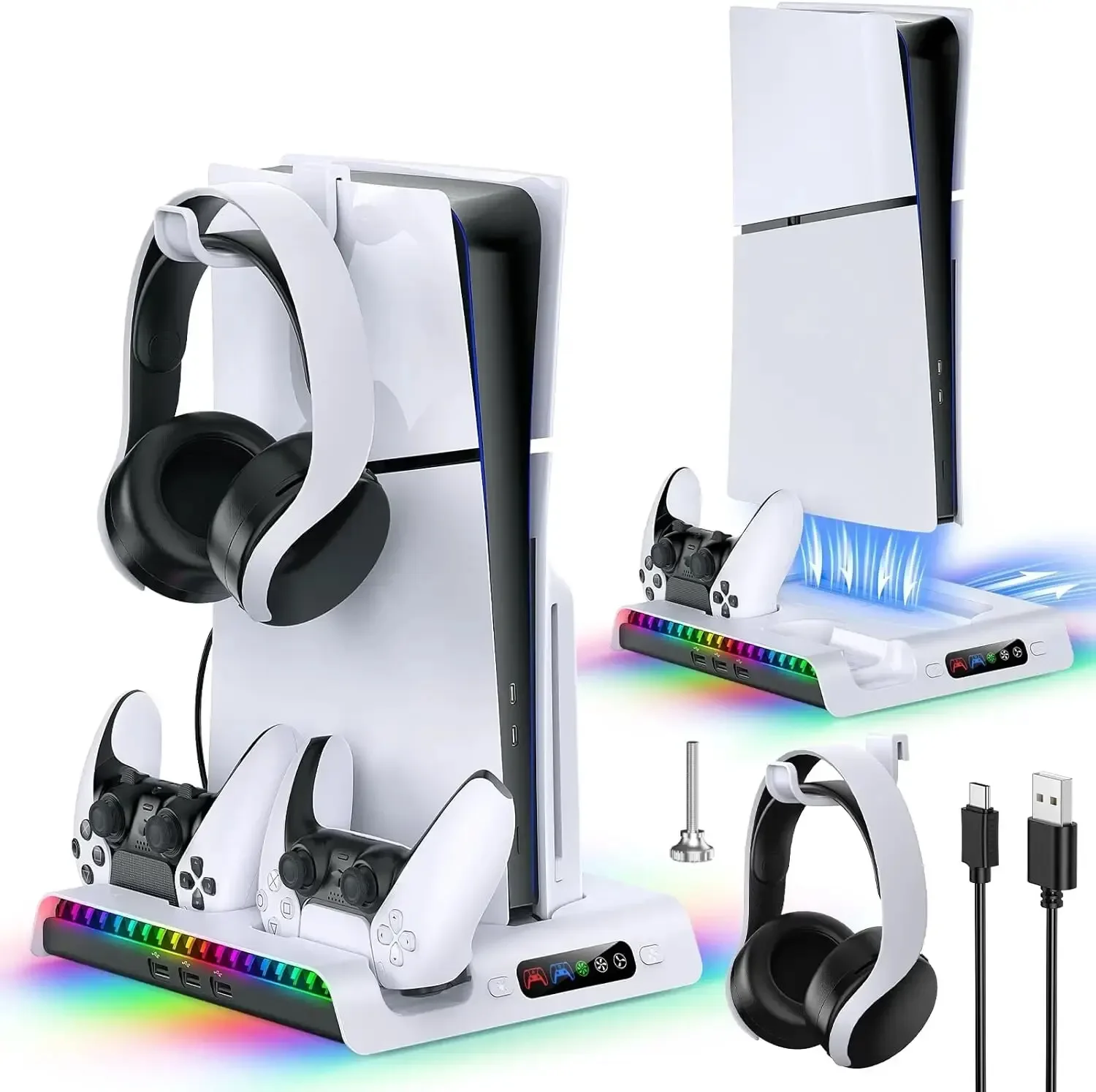 

IPEGA Charging Stand with Cooling Fan for PS5 Slim Digital/Disc Console, Dual Controller Charger Station with 9 RGB Lights