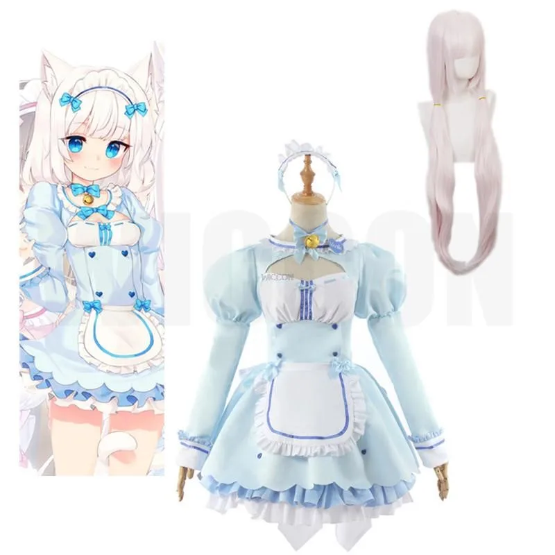 เกม Chocola Nekopara คอสเพลย์เสื้อผ้าเครื่องแต่งกายวิกผมวานิลลาชุดแมวสาวชุดแม่บ้าน Lolita ผู้หญิงกระโปรงน่ารักสีชมพูสีฟ้า