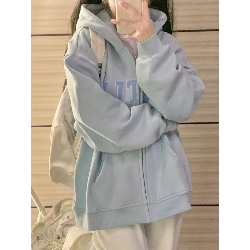 

Korean Blue Sweatshirt Women Preppy Oversized Hoodie Autumn Winter Fashion Hooded Zip-up Long Sleeve Cardigan Harajuku New