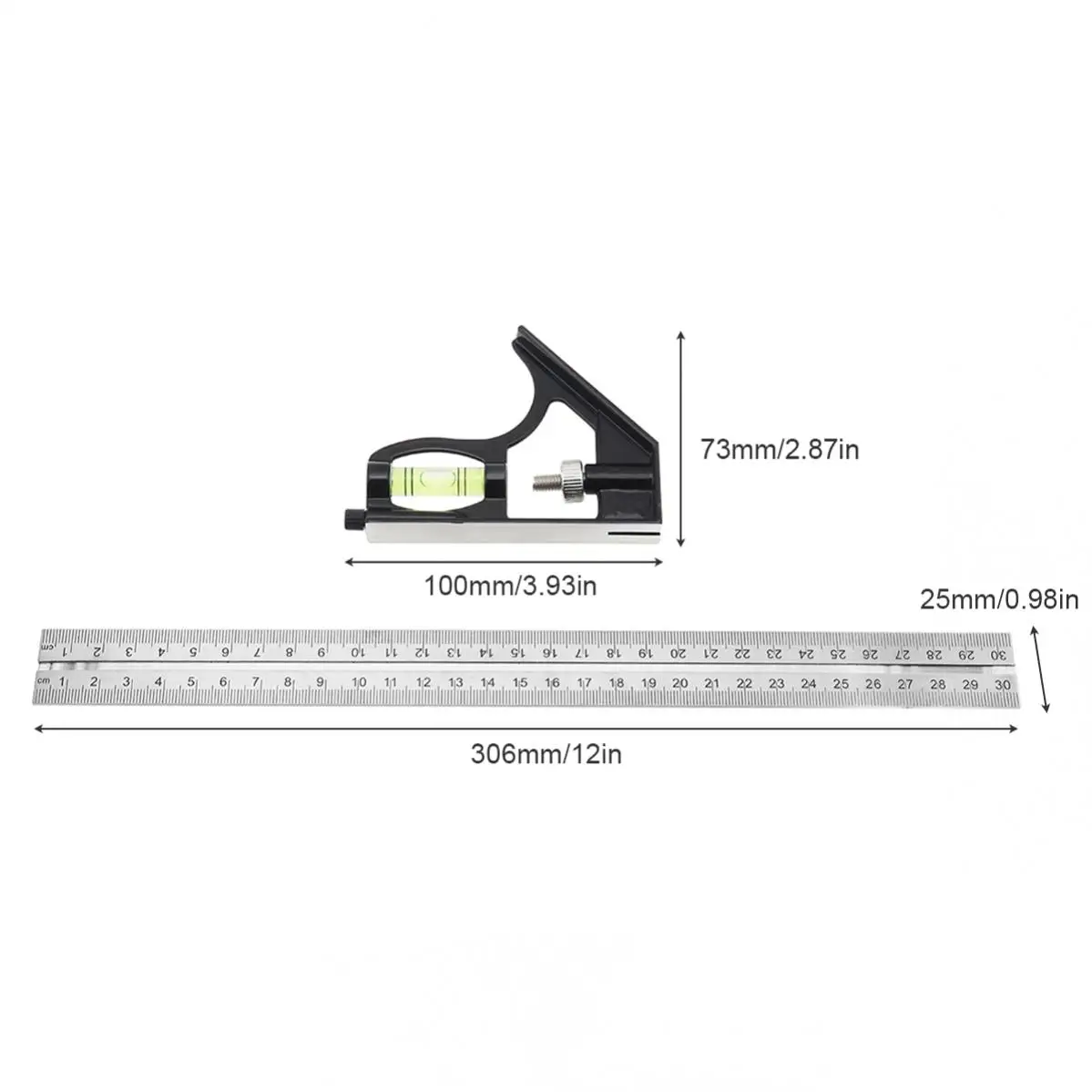 Square Ruler Set Kit 300mm/12inch Adjustable Engineers Combination Try None Right Angle Ruler With Bubble Level  Measuring Tools