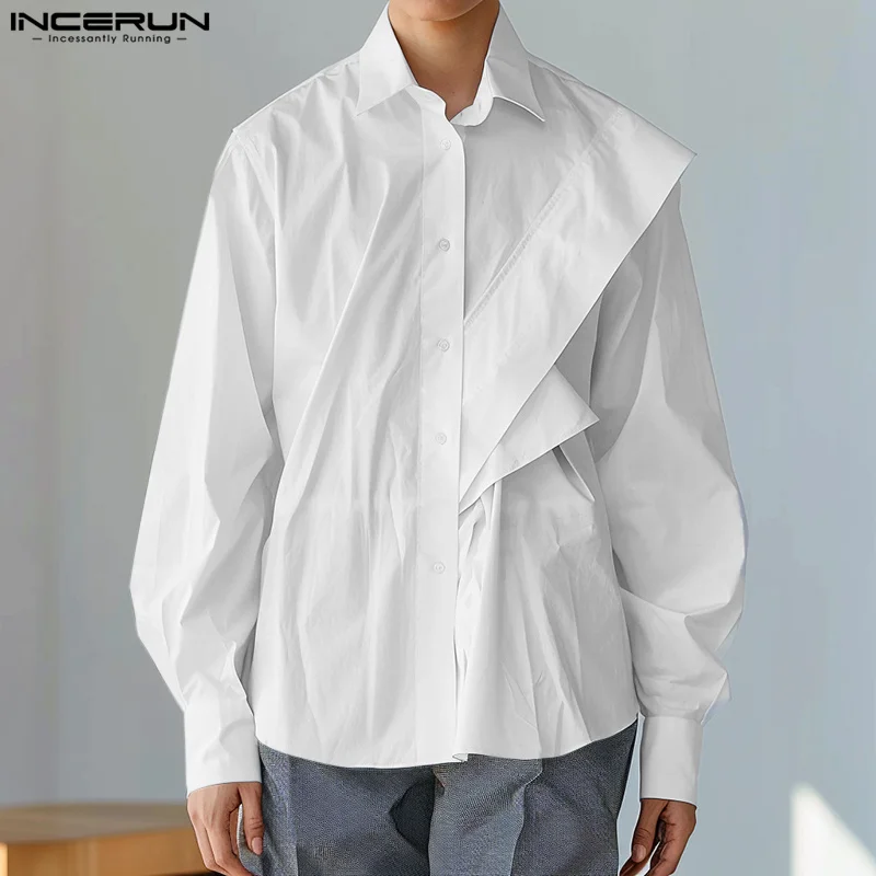 

INCERUN Tops 2024 Korean Style Handsome Men Fashion Loose Sloping Design Shirt Casual Streetwear Solid Long Sleeved Blouse S-5XL