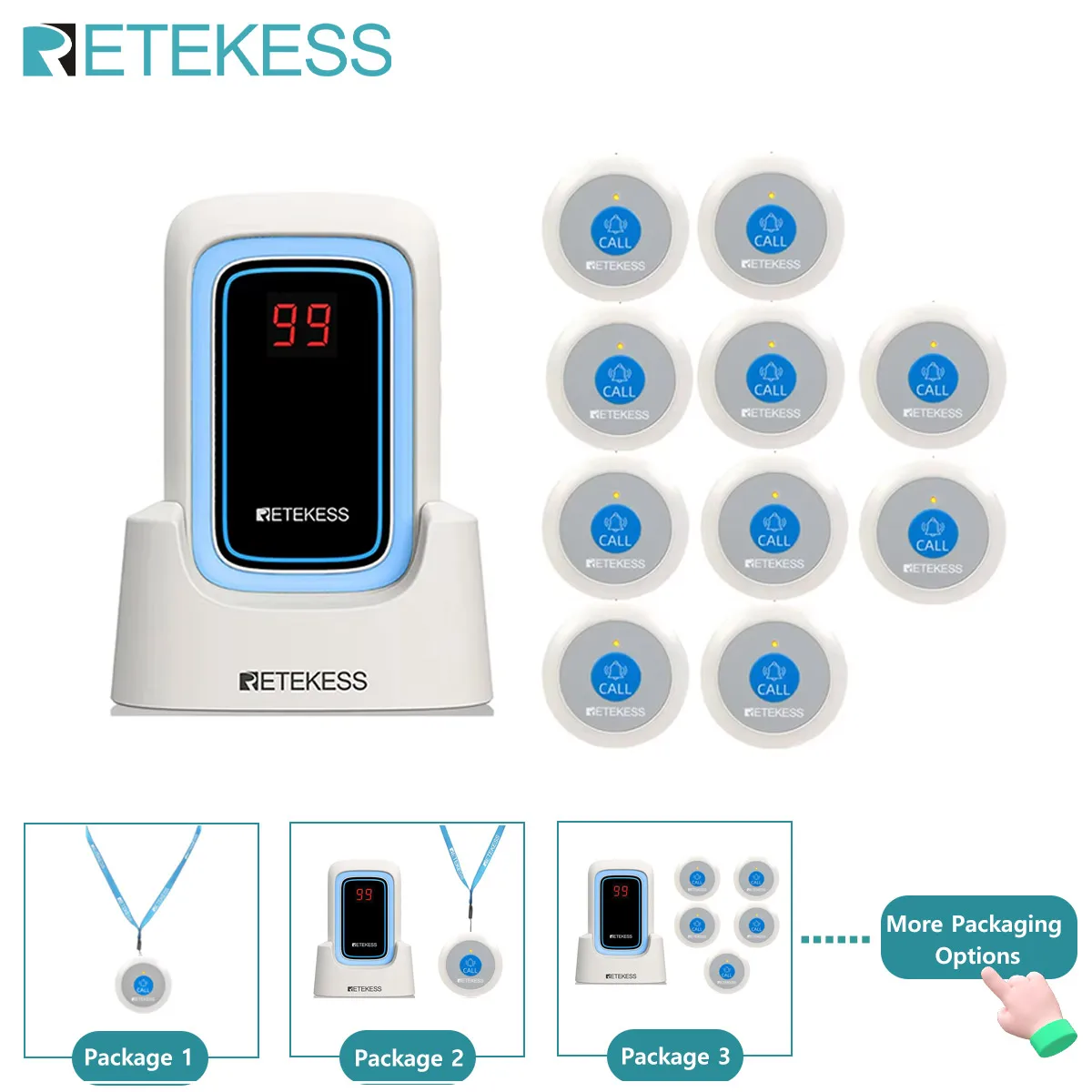 Retekess TH109S Caregiver Pager Wireless Calling System SOS Call Button Digital Display Screen For Elderly Patients Clinic Home