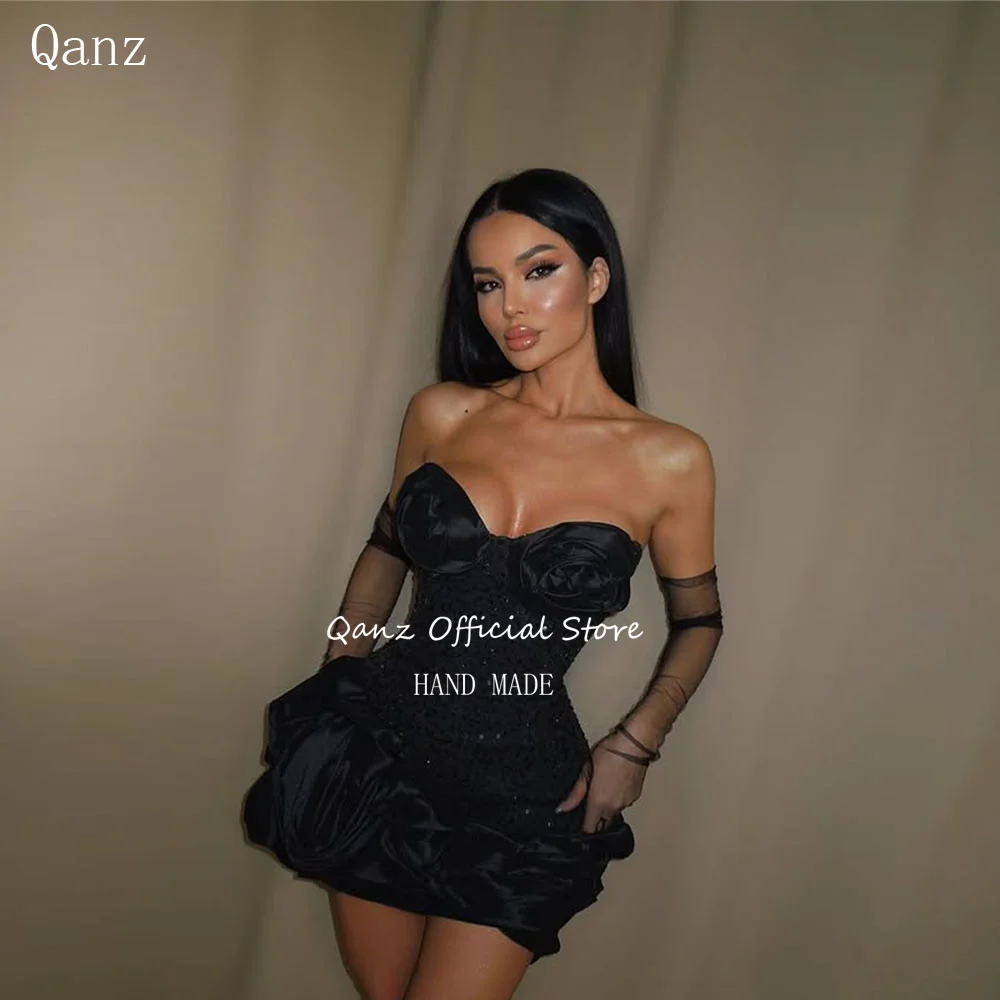 

Qanz Luxury Black Prom Dresses Ruffles Satin Birthday Party Gowns Women Sweetheart Backless Short Vestidos De Gala Customized