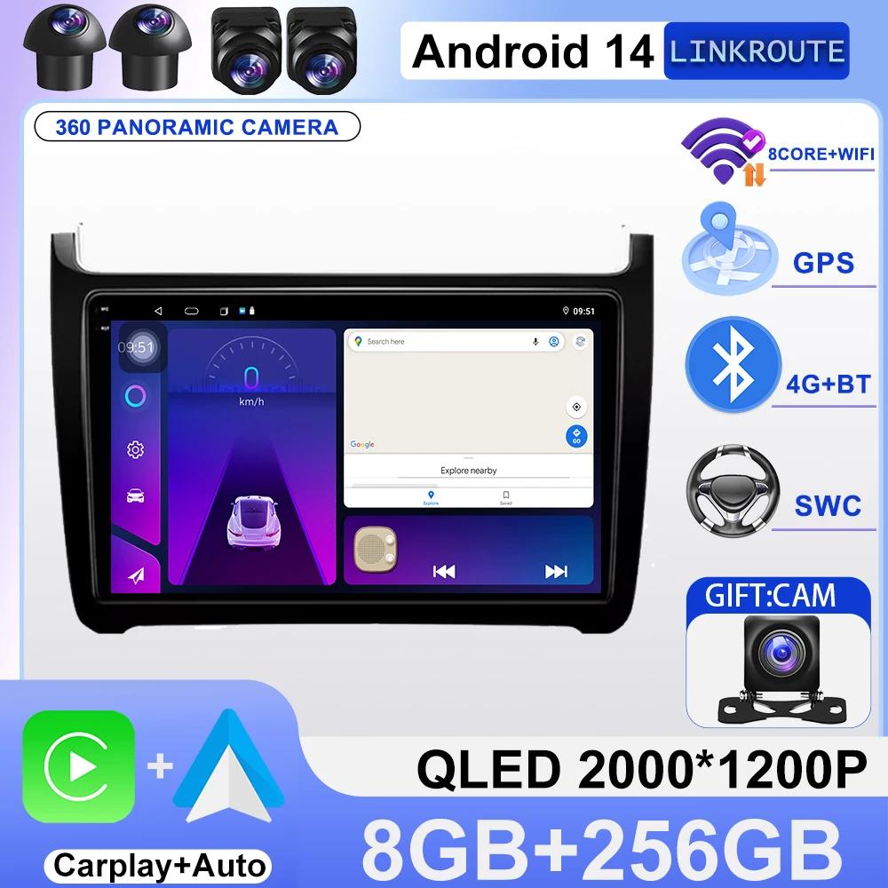 

Car Multimedia For VW Volkswagen POLO 5 2008-2017 Vento Wireless Carplay Android 14 Auto Car Radio stereo DSP 2 Din 4G WIFI QLED