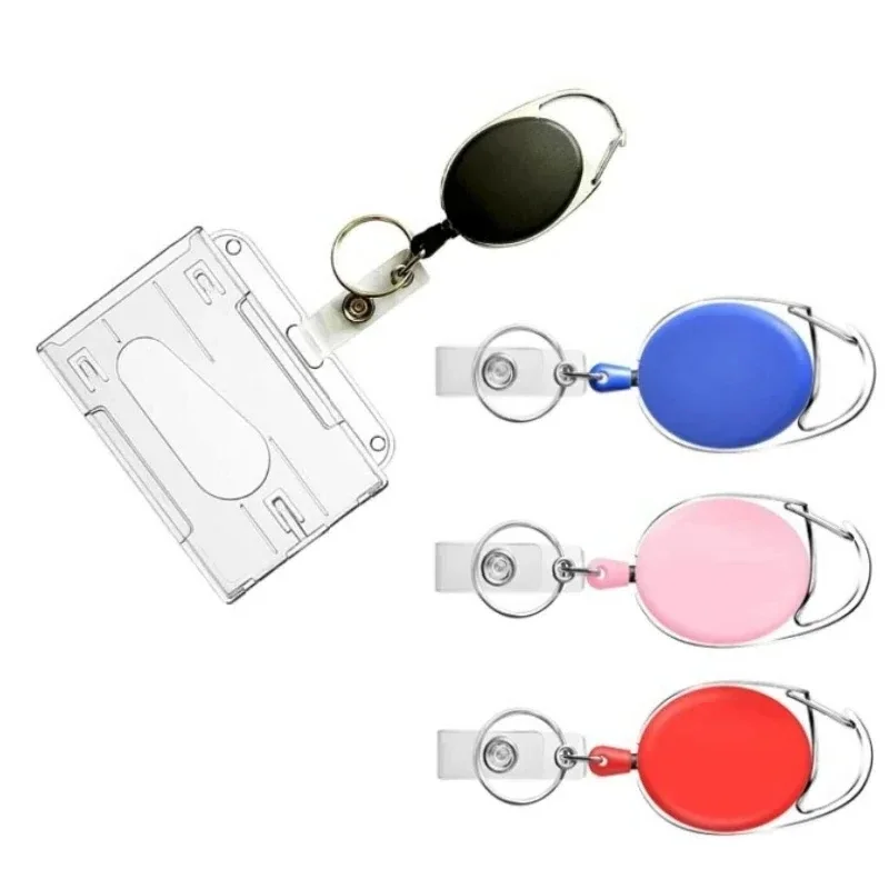 1pc Transparent Double Badge Holder Vertical 2 Card Badge Holder With Thumb Slots Hard Case Protector With Retractable Badge