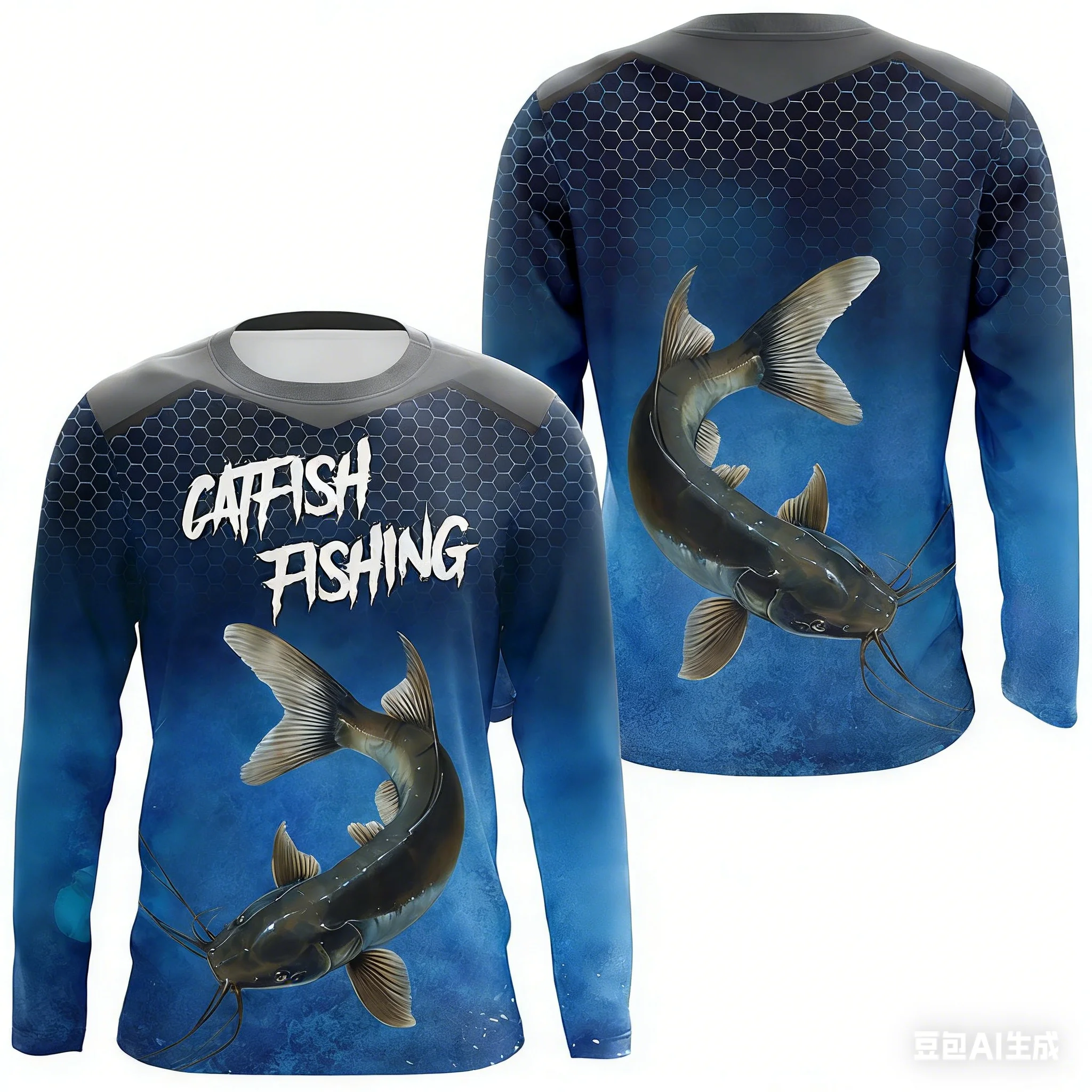 camisa-de-pesca-masculina-azul-camuflada-peixe-gato-frontal-e-traseira-impressa-design-personalizado-confortavel-elegante-favorito-para-pescadores