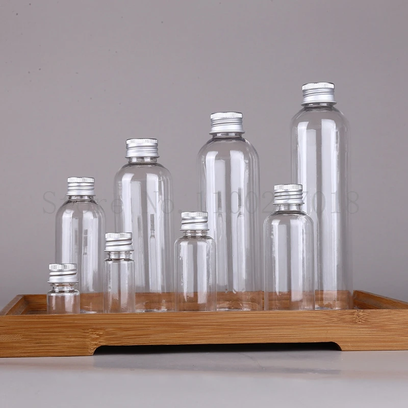 50,100 or 200pcs/lot Plastic Aluminum Cap Bottle Traval Empty Vial Sample Bottles Transparent Container