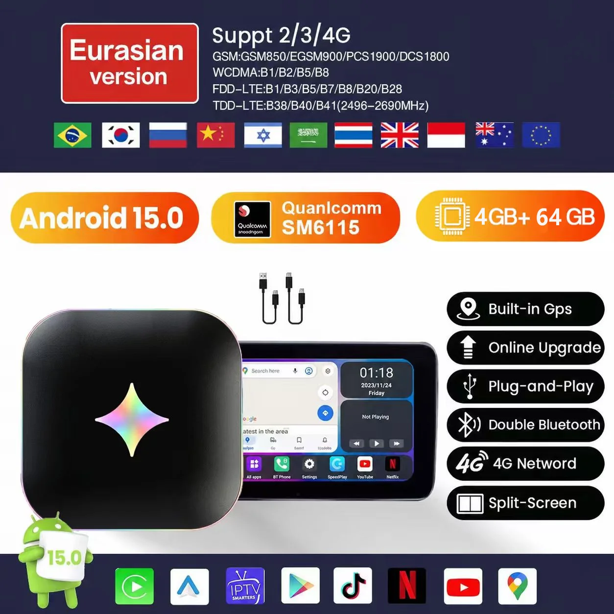 Android 15 CarRocket Android Auto Wireless CarPlay AI TV Box QCM6115 SM6225 8-Core Split Screen 64G 128G For Netflix Play Store image 3