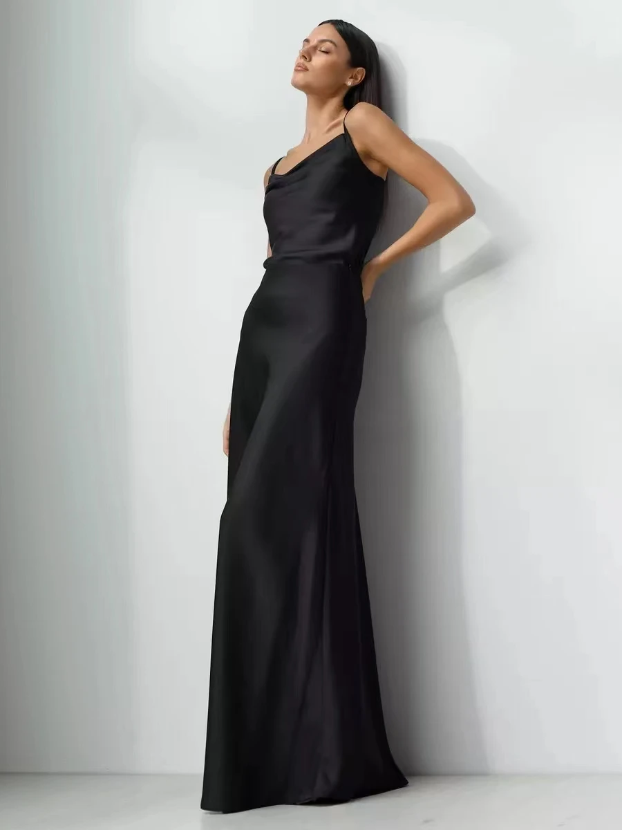 ハイウエストロングサテンスカート、フィットテール、ピュアカラー、通勤デザイン、Aラインシルエット、ボタンディテール、エレガントなレディーススカート