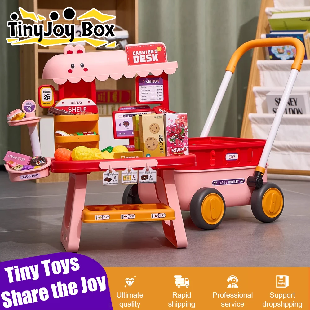 

Big Shopping Cart Kit Pretend Play House Toy Supermarket Cash Counter Play Set Simulated Vegetable Fruit TableToys for Kids