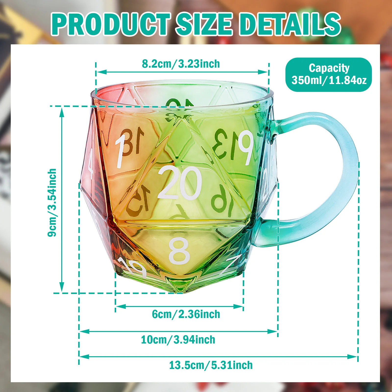 350 ML/11.8 Oz Colorful Dice Mug Polyhedral Dice Coffee Cup Creative Game Mug with Handle Glass Cups for Game Hall Office Home