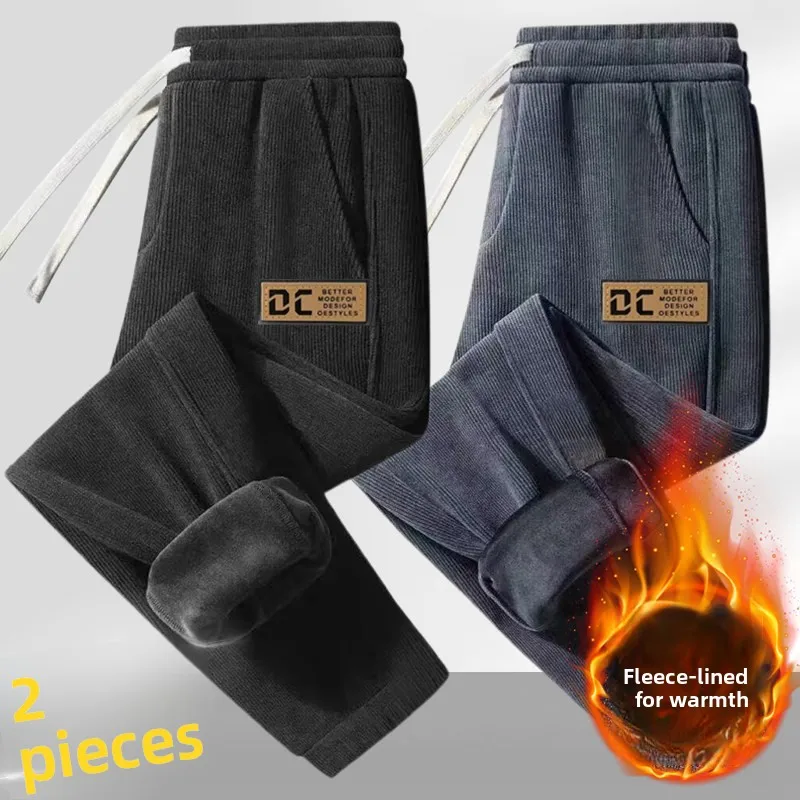 Men's Fleece Lined Cuffed Casual Pants for Work Autumn Winter Polyester Fiber Loose Fit Sports Style Construction Site Versatile
