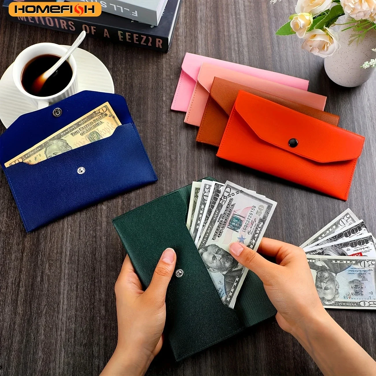 HOMEFISH Envelope Wallet PU Leather Cash Envelope Wallet Classic Fashion Women's Wallet Ferrule Name Card Holder Gift