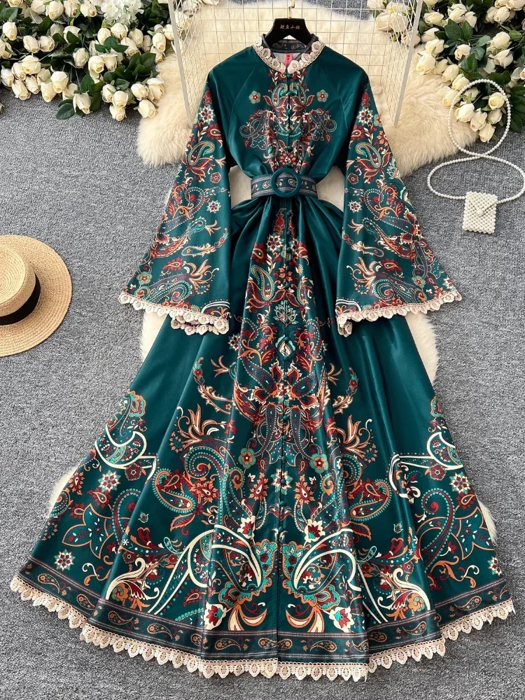 

Pop France Elegant Vintage Palace Evening Dress Women Print Sashes Button Long Party Dress Female Casual Holiday Luxury Clothing