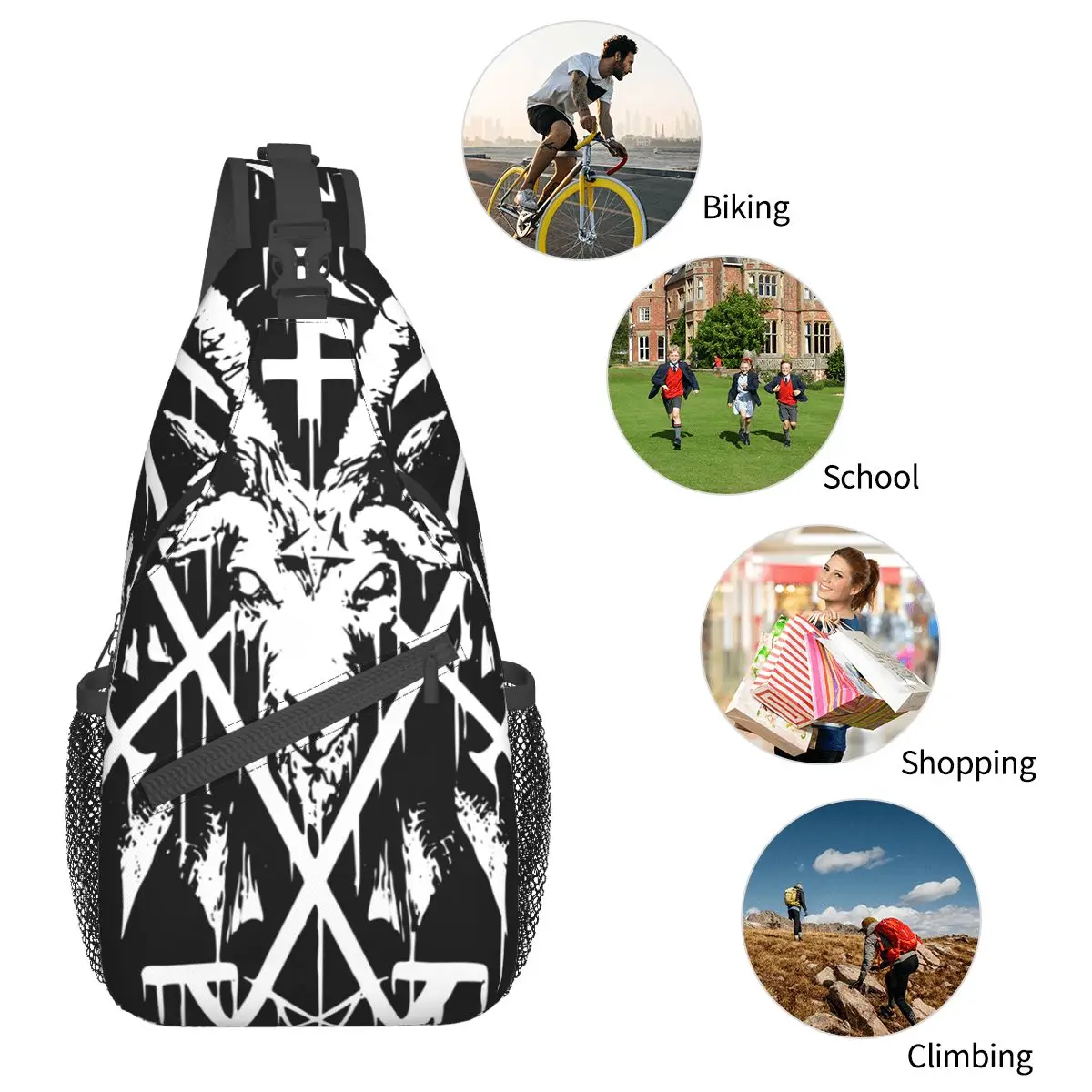 Sigil Of Lucifer And Baphomet Small Sling Bag Chest Crossbody Shoulder Sling Backpack Outdoor Hiking Daypacks Satan Pattern Bag