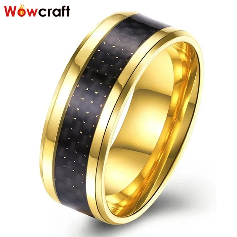 Gold Tungsten Carbide Ring for Men Women Wedding Band Black Carbon Fiber Inlay Beveled Polished Shiny with Comfort Fit