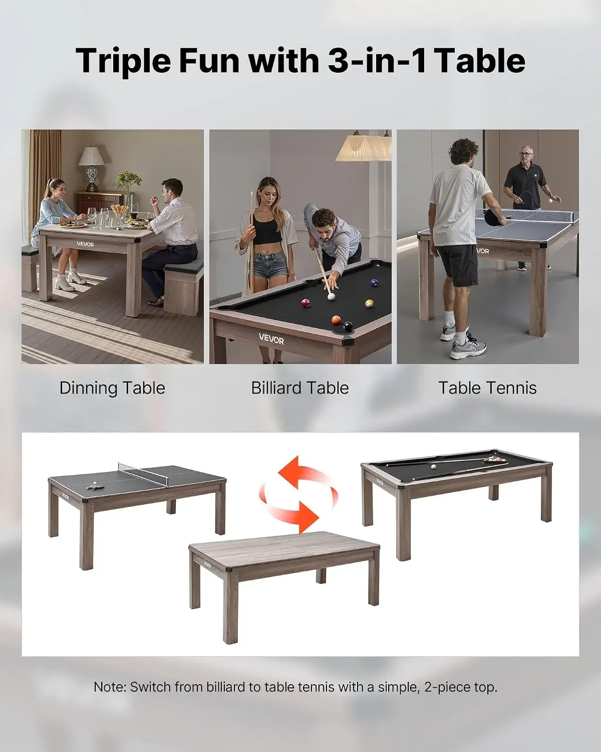 7ft 3-in-1 Multi Game Table with Dining, Pool, and Tennis Table, for Family Game Room Adults, Includes Full Set of Accessories,