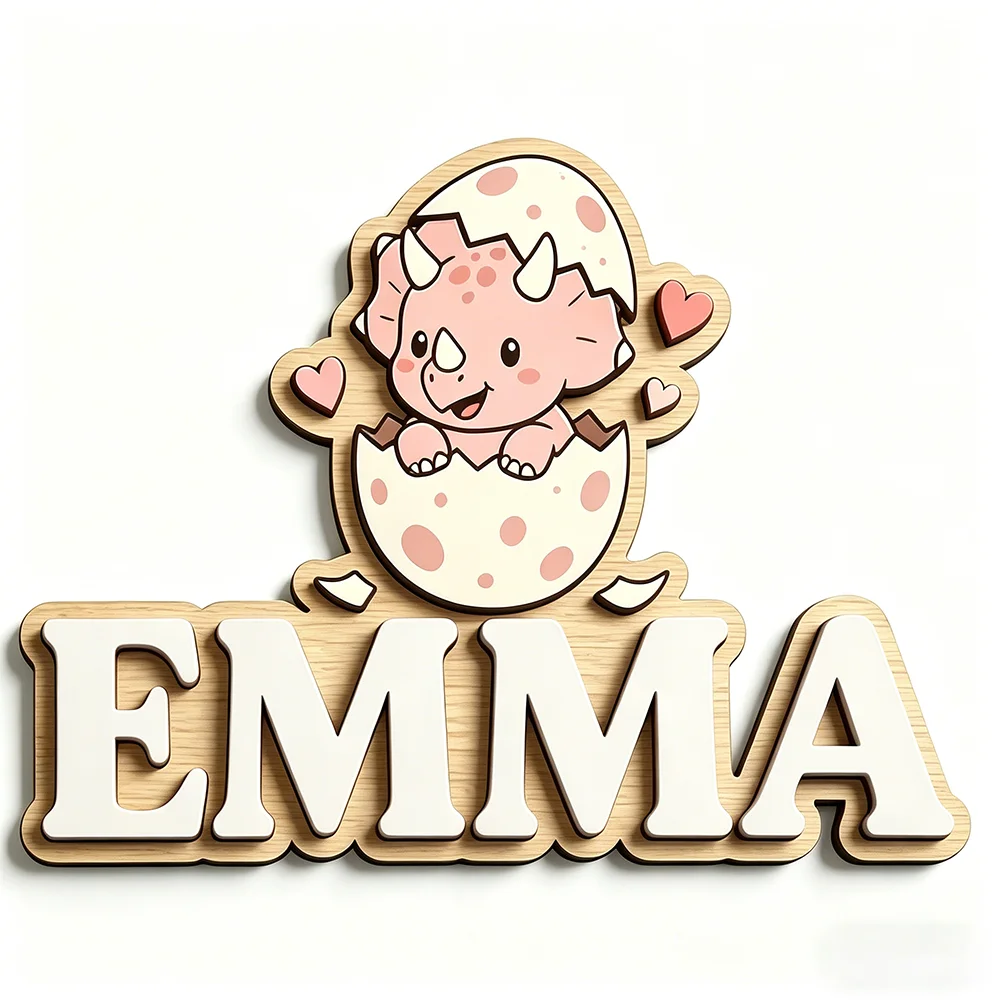 Whimsical Hatching Triceratops Custom Name Plaque, 3D Wooden Kids Door Sign with Hearts & Eggshell, Sweet Nursery Wall Art, Baby