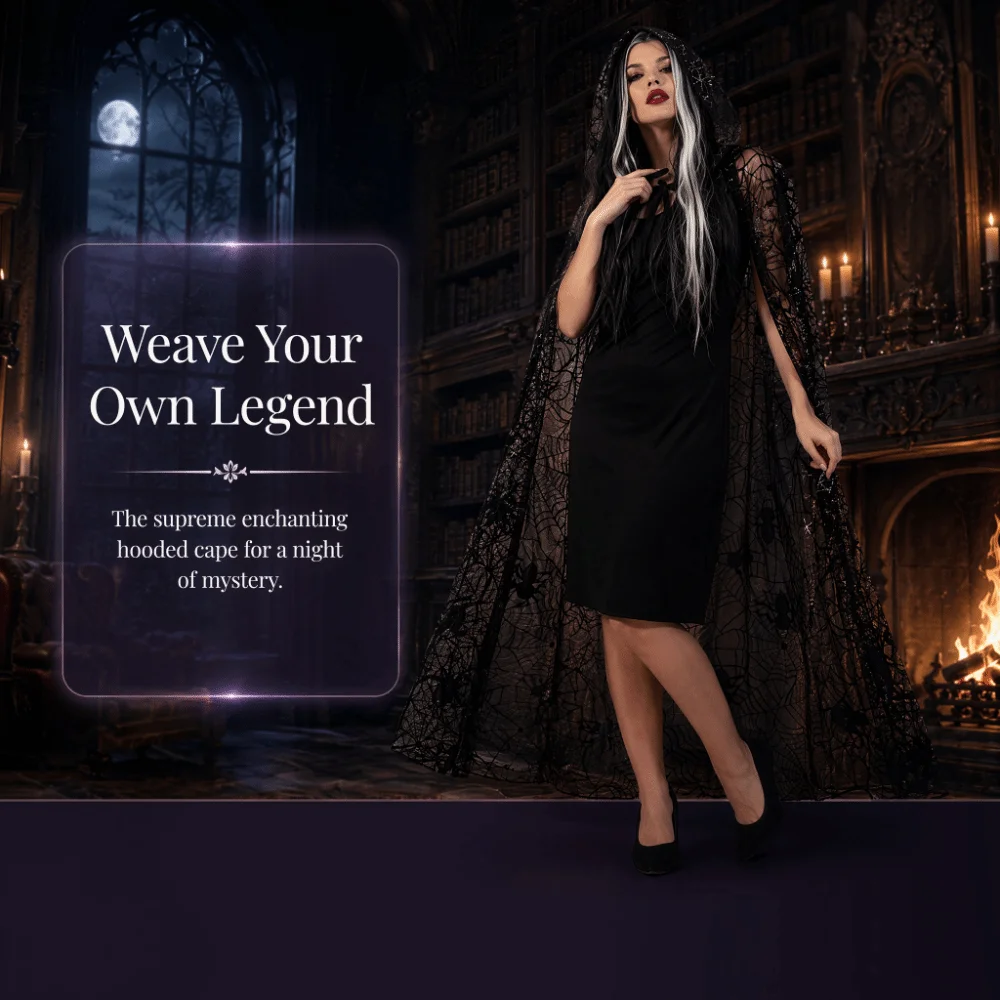 Gothic Style Lightweight Halloween Hooded Cape Semi-transparent Bat Spider Web Mesh Cardigan Creative Black Long Cloak Event