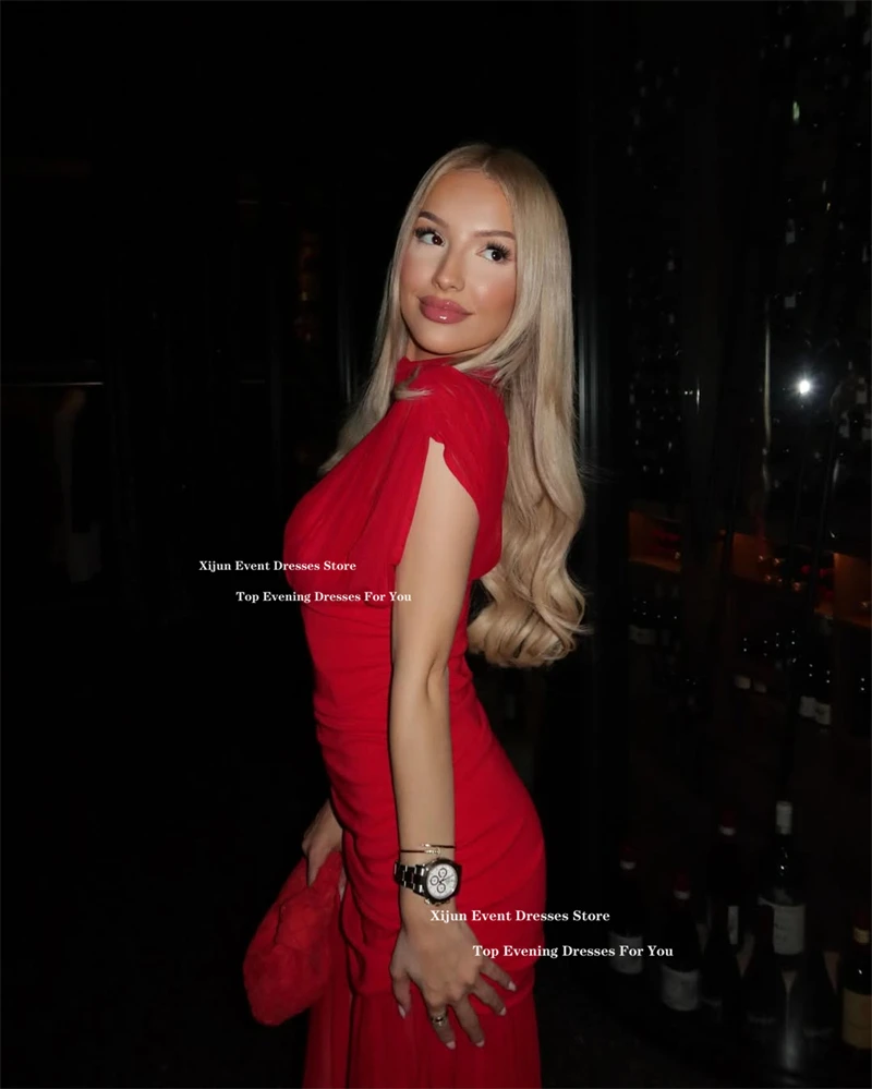 Xijun Sexy Red Chiffon Long Evening Dresses Sleeveless Mermaid Birthday Party Dresses Pleated High Collar Prom Gowns Customize - Image 6