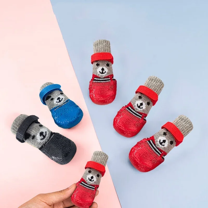 4pcs Puppy Dog Teddy Socks Waterproof Cat Shoes Anti-Scratch Foot Cover Anti-Dirty Pet Socks Small Cat Dogs Knit Warmpet Socks