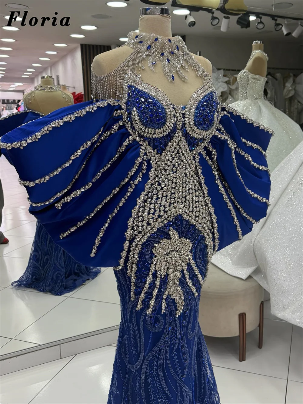 Königsblaue Meerjungfrau-Abschlussballkleider, luxuriöses schulterfreies Abendkleid für Damen, maßgeschneiderte, perlenbesetzte Partykleider, Vestidos De Cócte