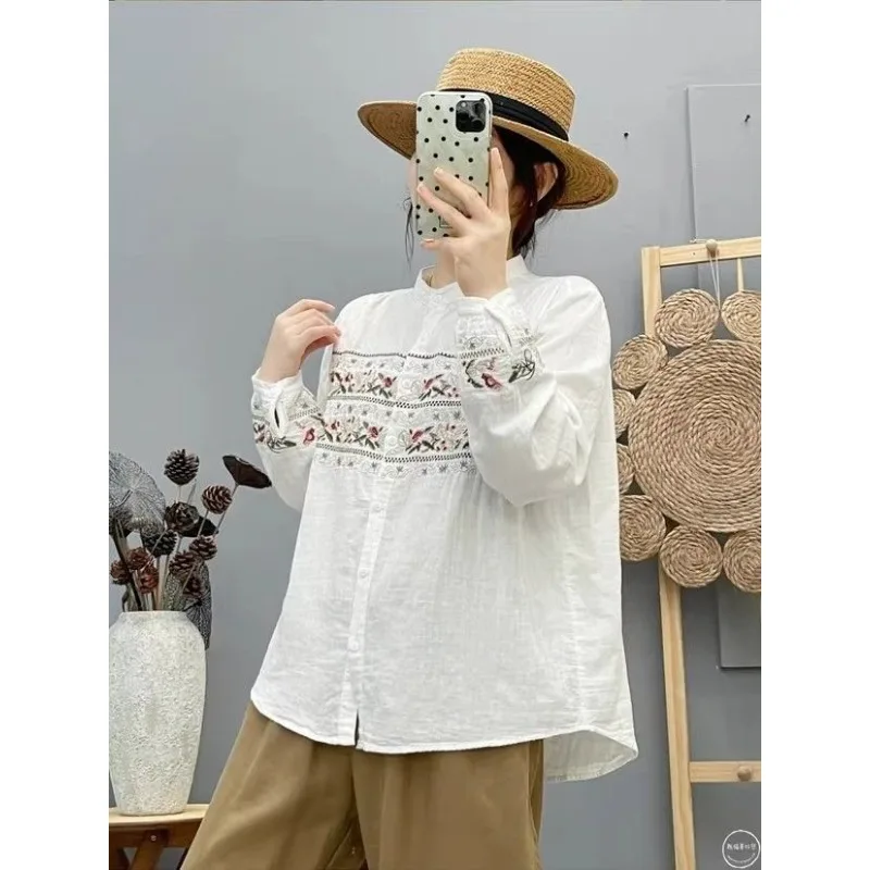 Literary Retro Ethnic Style Embroidered Stand Collar Long-sleeved Shirt 2025 Autumn New Loose Top