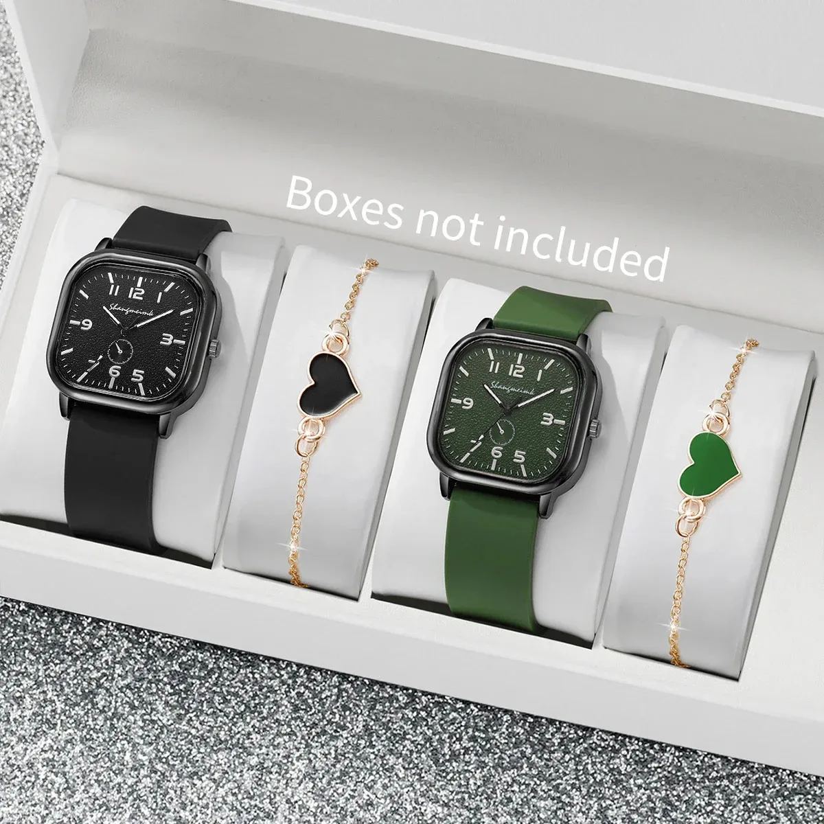 4PCS/Set Fashion Square Women Quartz Watch Silicone Strap Ladies Wristwatches Heart Bracelets Set (Without Box)