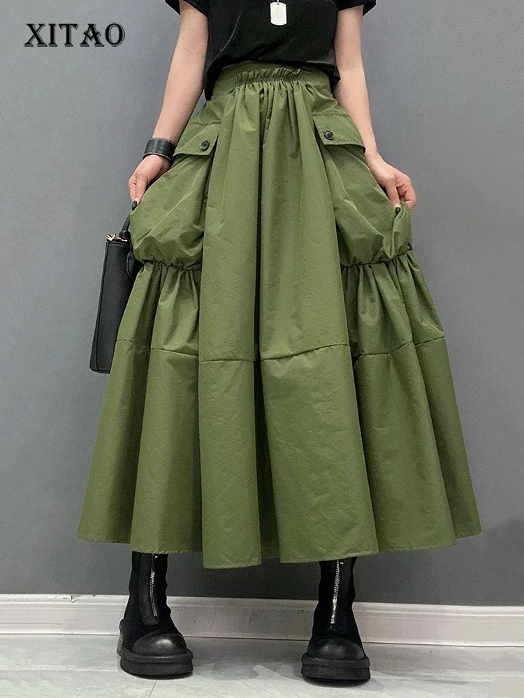 

XITAO Pocket Patchwork Elastic Waist Folds Skirt Solid Color Mid-calf A-line Loose Slimming Skirts 2025 Summer All Match DMJ3981