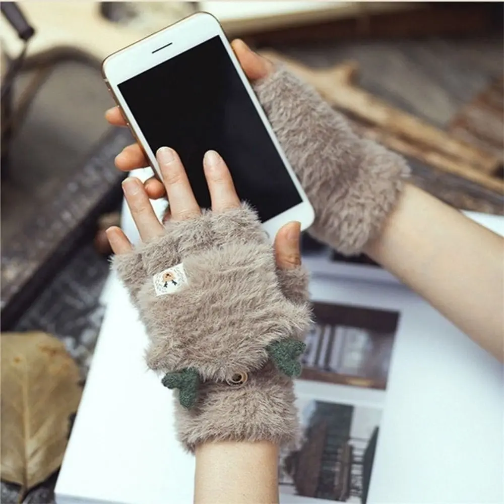 Cute Soft Winter Gloves Half-Finger Flip Warm Student Writing Gloves Women Girls Antlers Knit Mittens