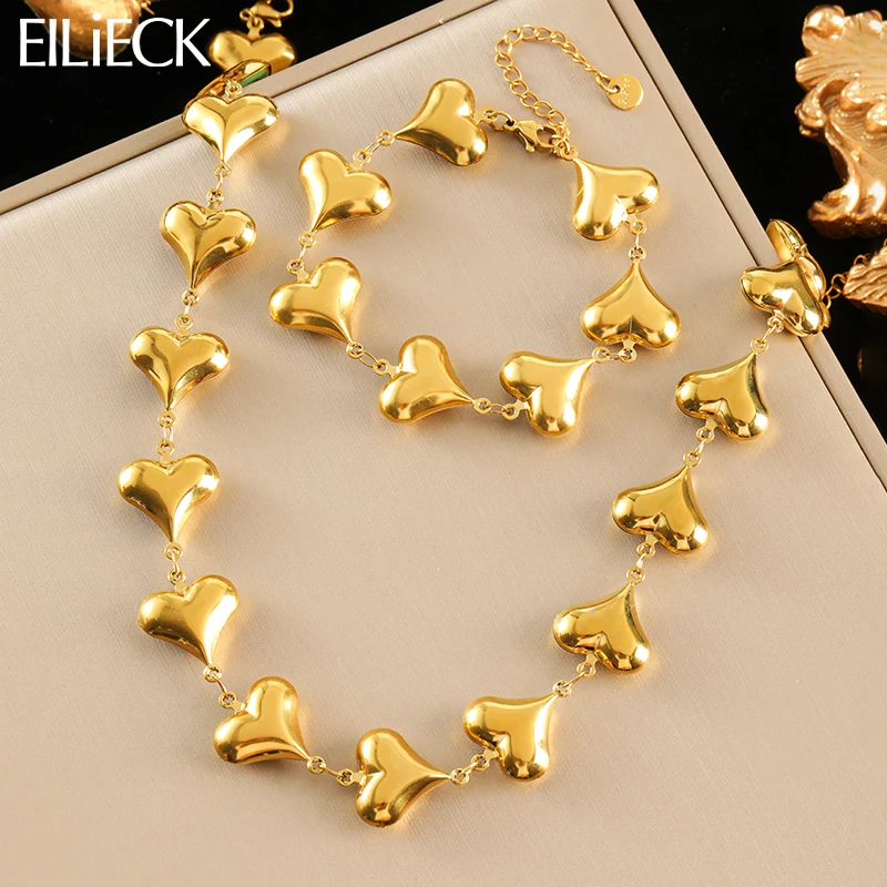 

EILIECK 316L Stainless Steel Smooth Heart Necklace Bracelet Set Fashion Gold Color Waterproof Jewelry for Women Girl Gift New