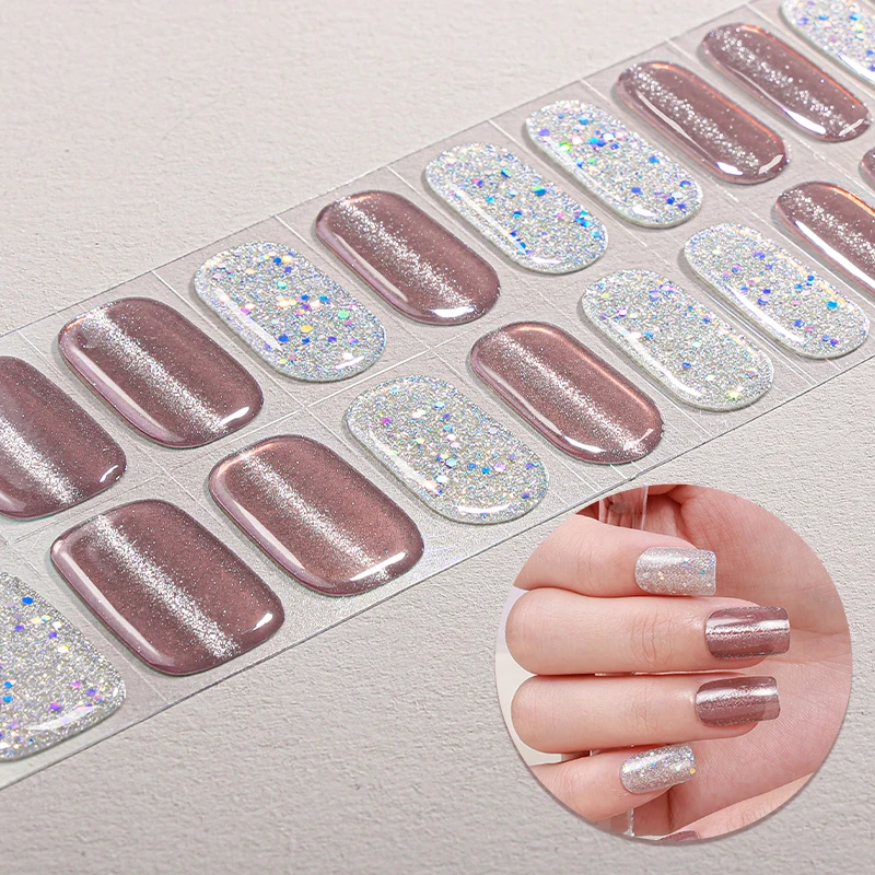 22Tips Glitter Cat Eyes UV-Free Gel Nail Sticker Gradient Full Cover Long Lasting Gel Polish Nail Strips DIY Manicure Decoration