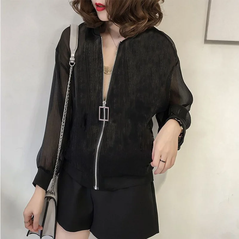 Summer Bright Silk Short Jacket Women Korean Fashion Sun Protection Bomber Chaquetas Thin Spring Veste Long Sleeve Gauze Tops