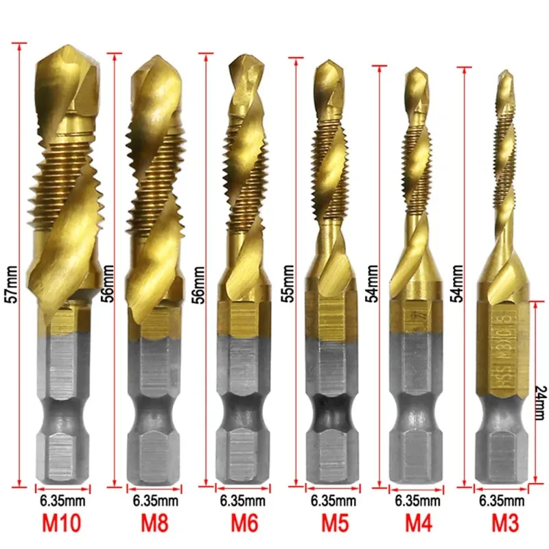 

6 M3-M10 three in one composite tap hexagonal shank titanium plated high-speed steel thread metric tap drill bits