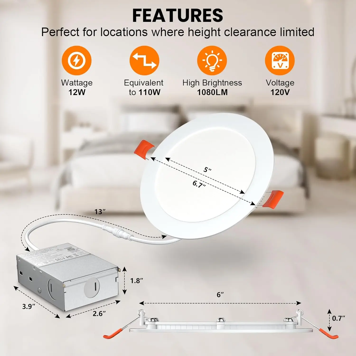 24 Pak lampu langit-langit tersembunyi Led ultra-tipis 5Cct 6 inci dengan kotak sambungan, 2700K/3000K/3500K/4000K/5000K dapat dipilih, dapat diredupkan