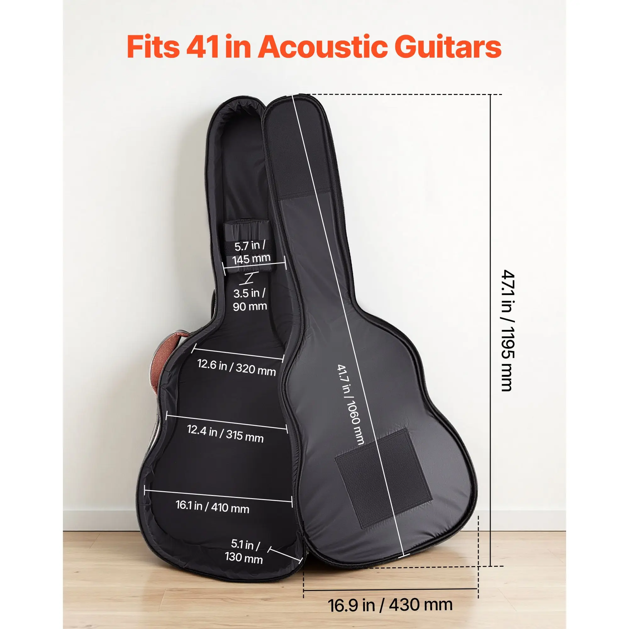 Acoustic Guitar Hard Case, 47.1 Inch, Hard-Shell Protective Travel Carrying Case with Accessory Compartment, Foam Padding, Portable Handle, Shoulder Straps, for 41 Inch Acoustic Guitars, Brown