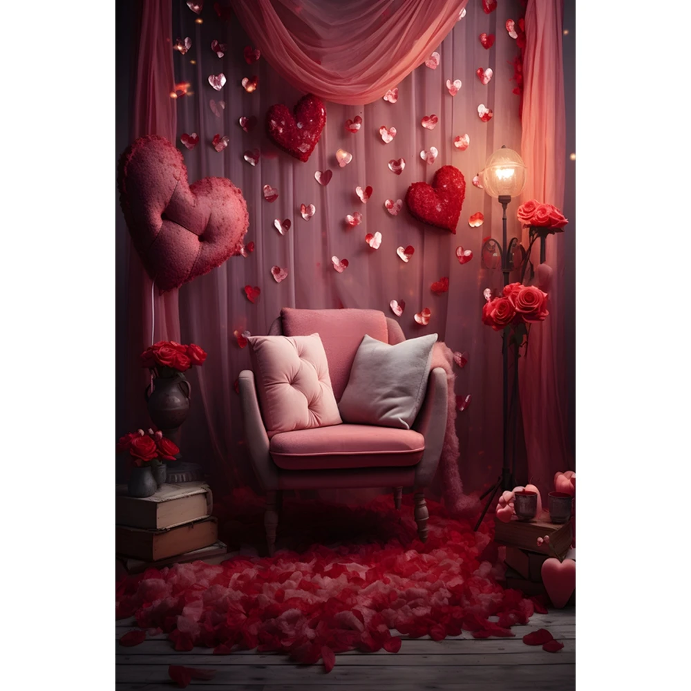 핑크 발렌타인 데이 커튼 사진 배경 사랑 풍선 장미 촛불 실내 장식 커플 초상화 배경 스튜디오