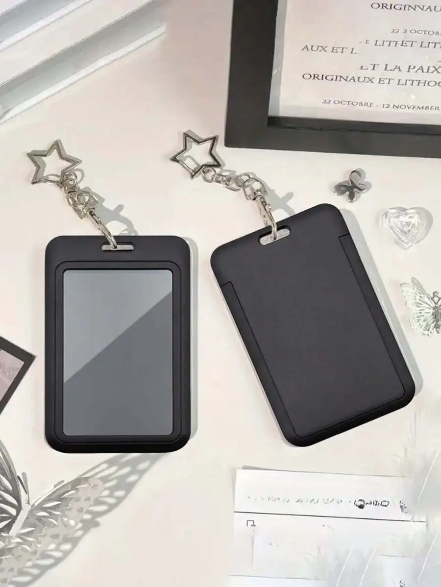 

Black ID Card Holder with Star Charm Keychain, Silicone Case for Cards & Keys