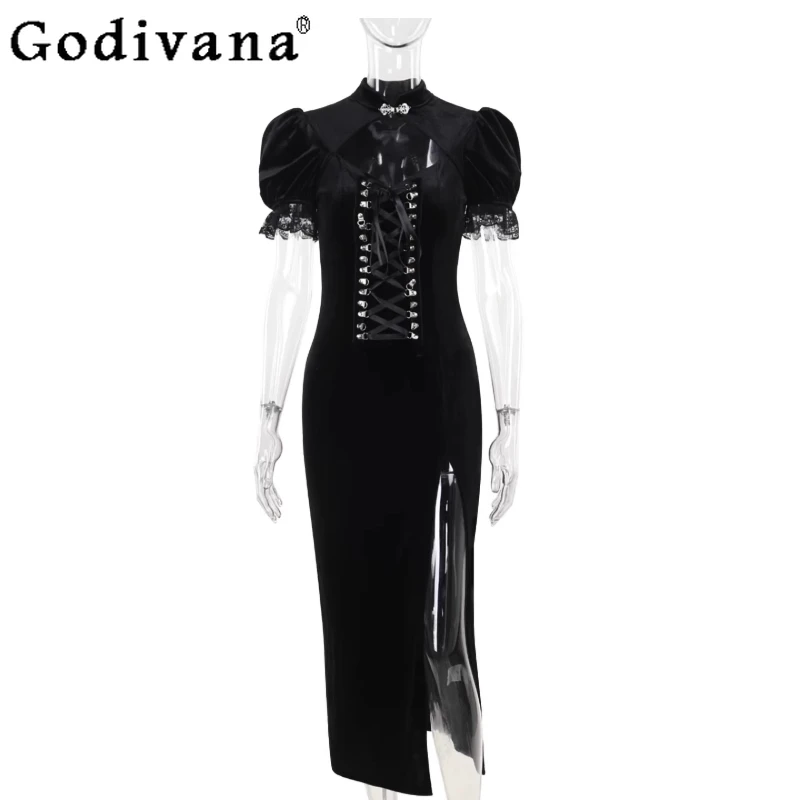 

Chinese Style Black Improved Cheongsam Dress Women Ghost Bride Cosplay Dress Female Short Sleeve Hollow Sexy Dress