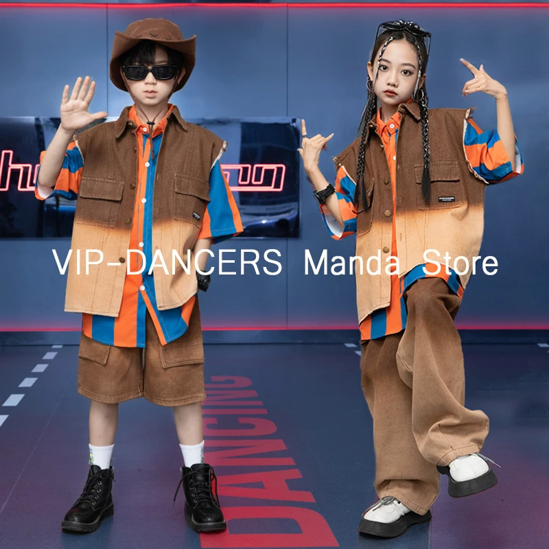 

Jazz Street Dance Children Kpop Stage Wear Hip-Hop Dance Costume Boys Stripe Shirt Girls Gradient Jacket Trousers Summer VDL708