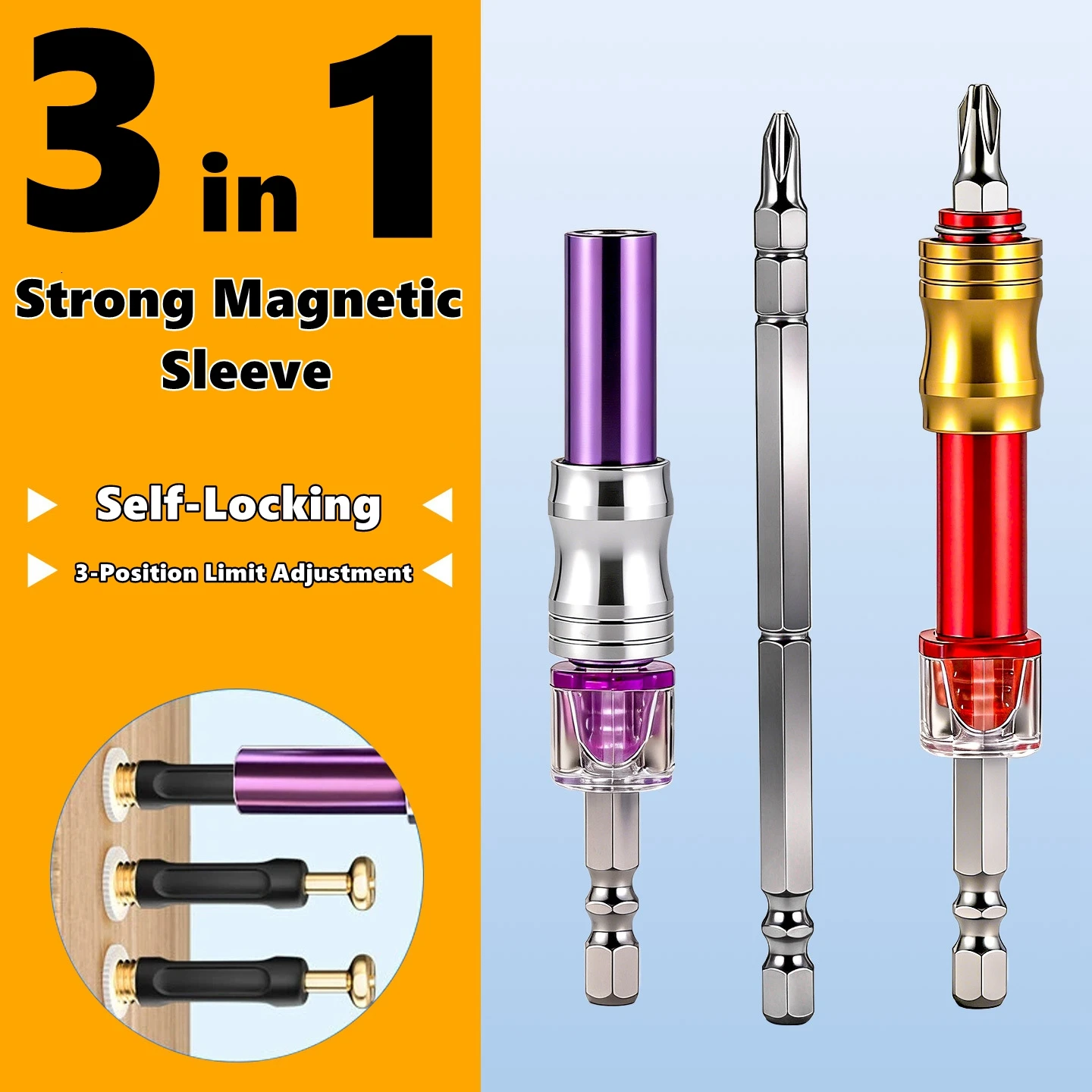 

Набор насадок-головок 3-в-1 с самозажимным механизмом, универсальный быстросъемный держатель для отверток, с сильным магнитом