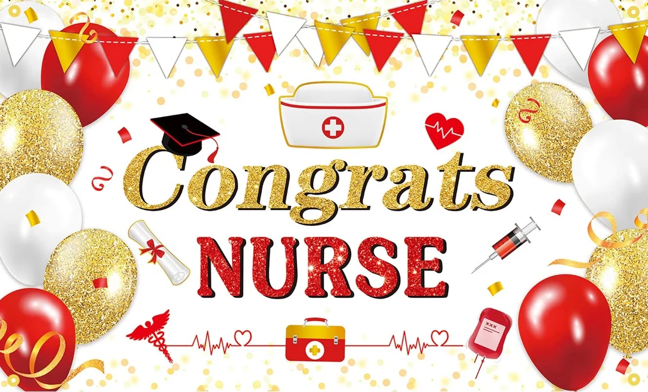 Congrats Nurse Backdrop Banner Gold Red Nurse Graduation Background Banner Nurse Nursing Congrats Grad Party Decoration Supplies