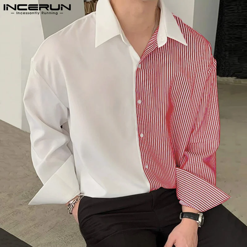 2024 INCERUN Men Korean Fashion Long Sleeve Shirts Harajuku Loose Lapel Tops Commuting Handsome Boy Stripes Splicing Blouses