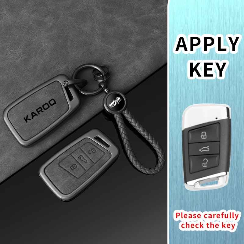 Legierung Leder Auto Schlüssel Fall Shell Halter für Skoda Karoq Angepasst Logo Schutz Schlüssel Abdeckung Metall Gehäuse Schlüsselbund Zubehör